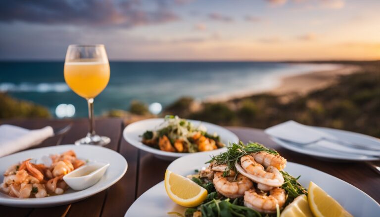 Fresh seafood dinner with ocean view at sunset in Kalbarri.