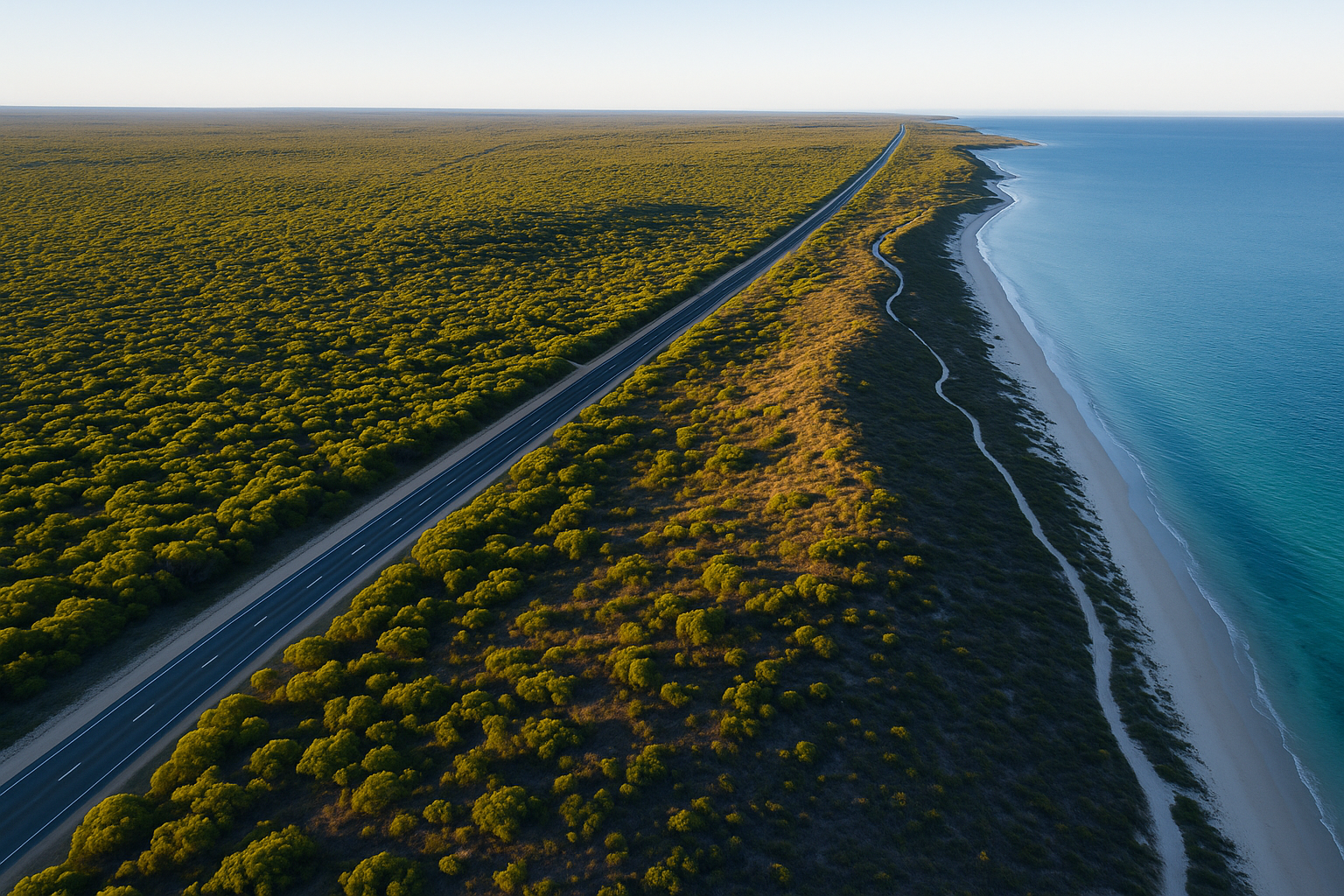 Aerial view of a long coastal highway running alongside the turquoise Indian Ocean in Western Australia, bordered by dense bushland.