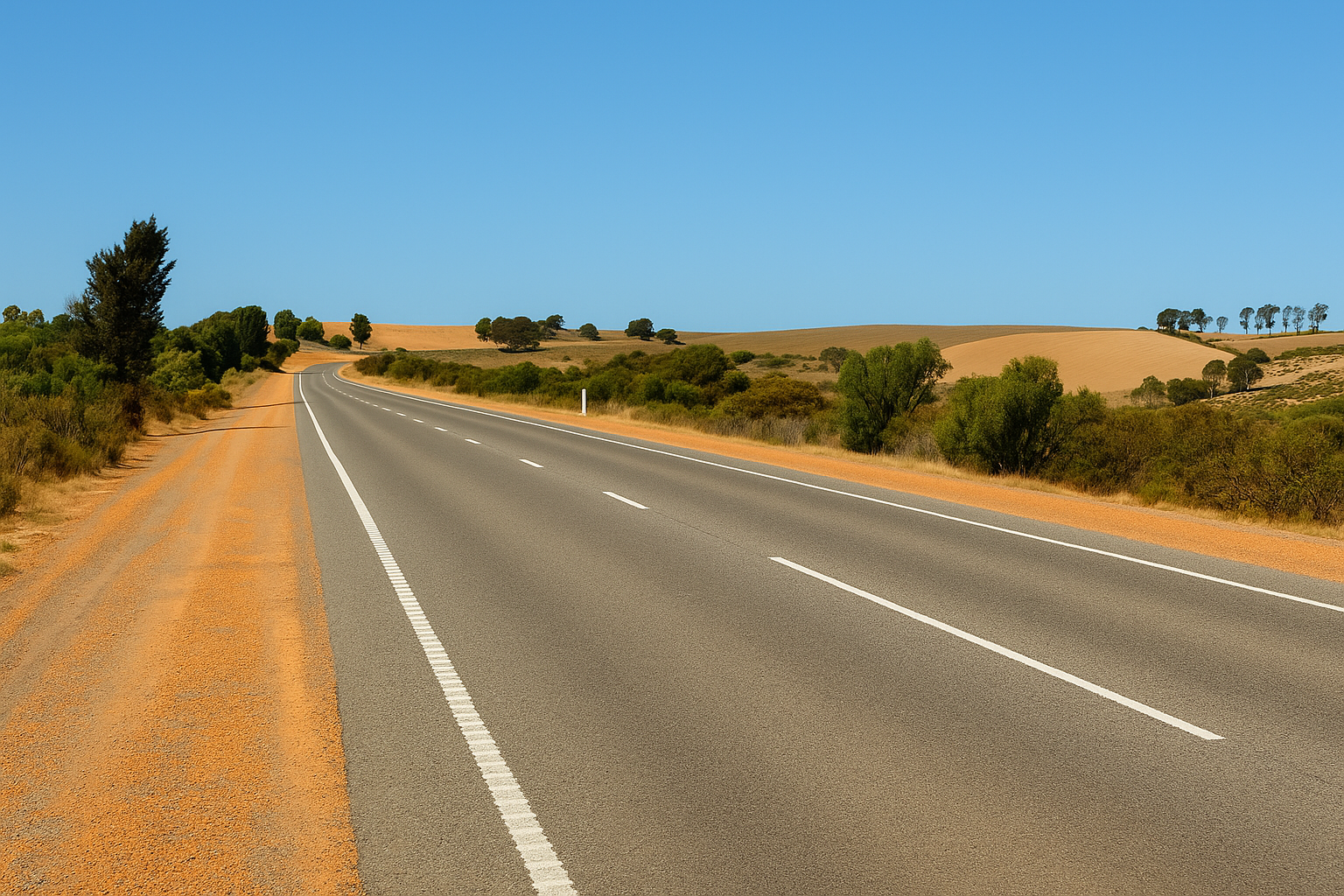 Aerial view of a long coastal highway running alongside the turquoise Indian Ocean in Western Australia, bordered by dense bushland.