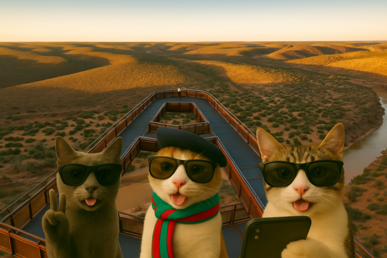 Three cats wearing sunglasses pose for a playful selfie at Kalbarri Skywalk, with a panoramic view of the Murchison River Gorge behind them at sunset.