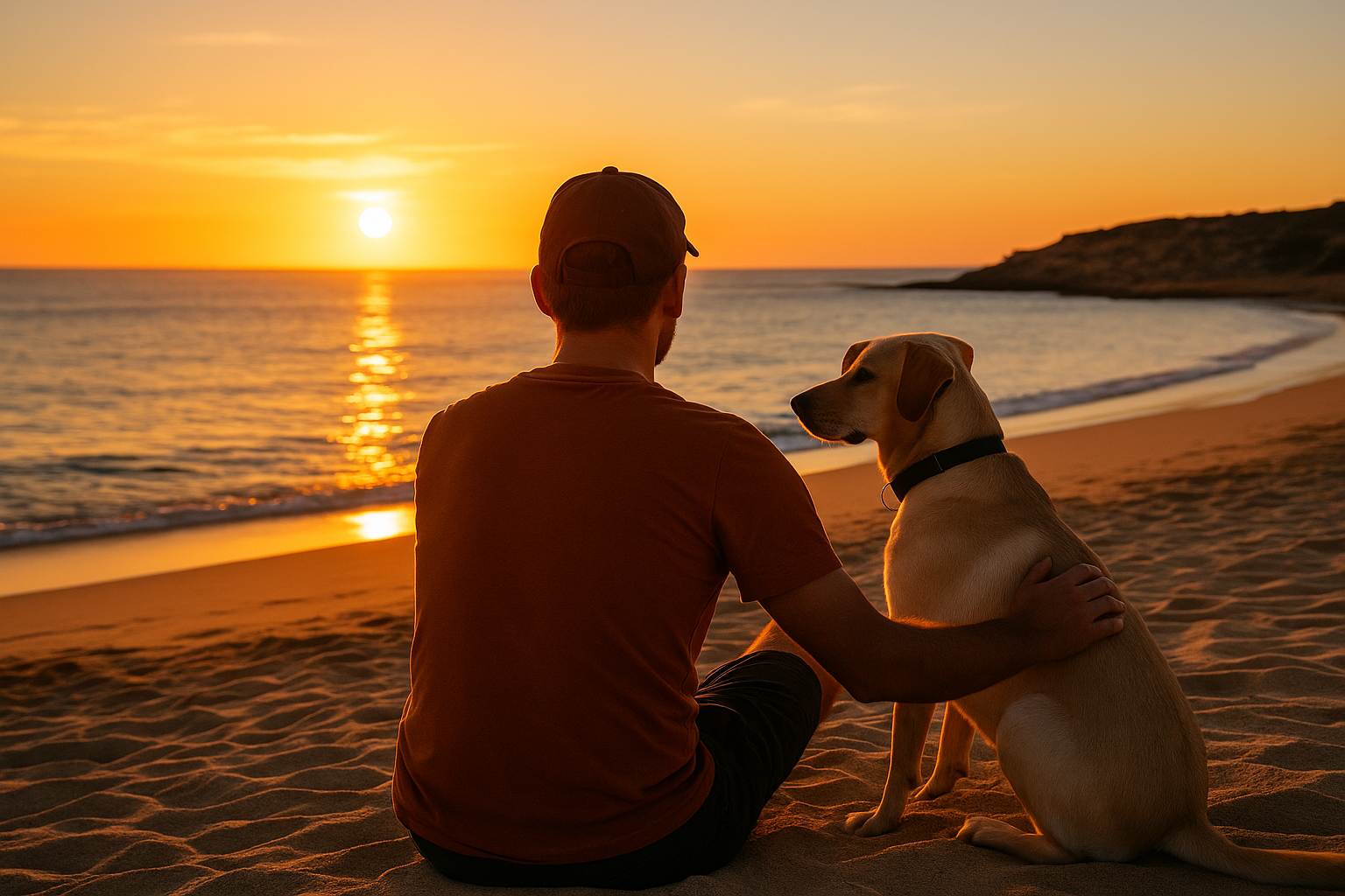 A man and his golden dog sit together on the sand at Chinaman’s Beach in Kalbarri, watching the sun set over the ocean in a peaceful moment.