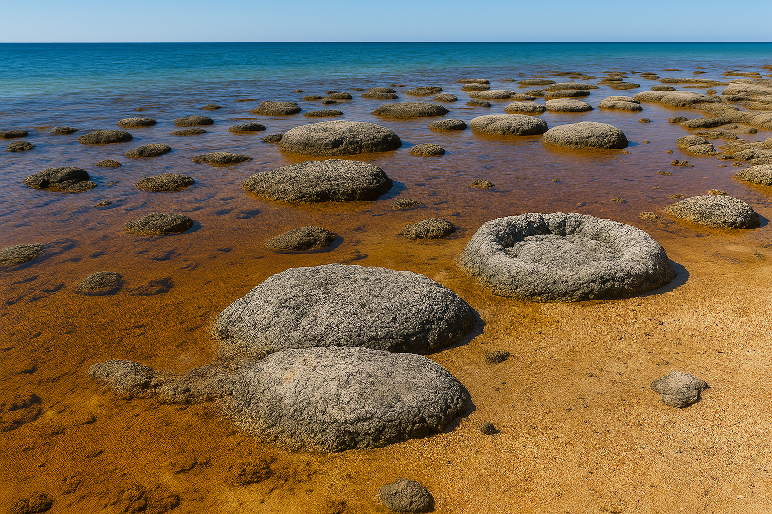 Perth to Kalbarri road trip. Ancient stromatolite rock formations in shallow red-tinged water along a coastal shoreline in Western Australia.