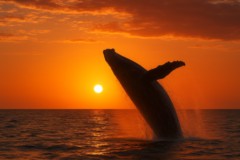 A humpback whale breaching from the ocean with the sunset glowing behind it near Kalbarri, Western Australia