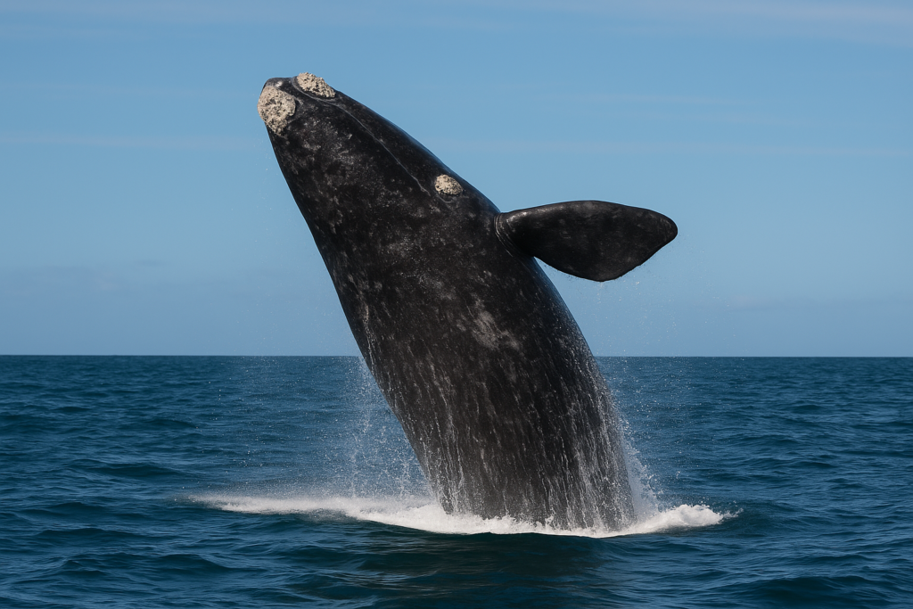 A Southern right whale breaching above the ocean surface near Kalbarri, Western Australia