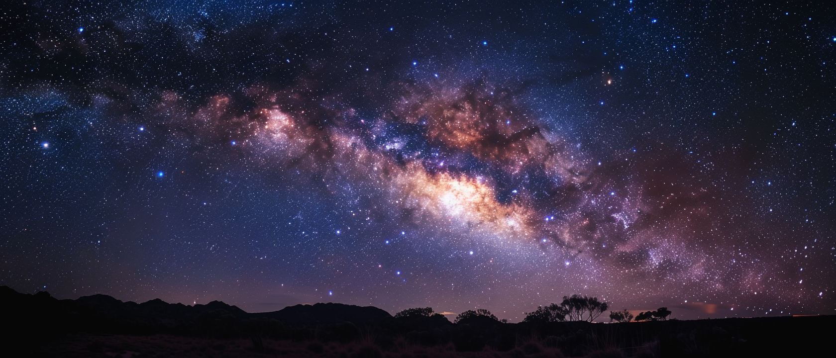 Bright Milky Way galaxy arching across the night sky above silhouetted trees and outback landscape in Kalbarri