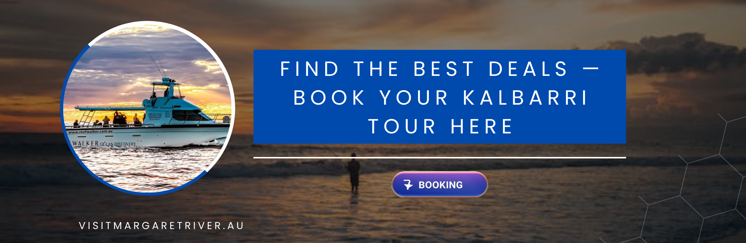 Kalbarri tours boat at sunset on the ocean, promoting the best deals for booking Kalbarri tours online