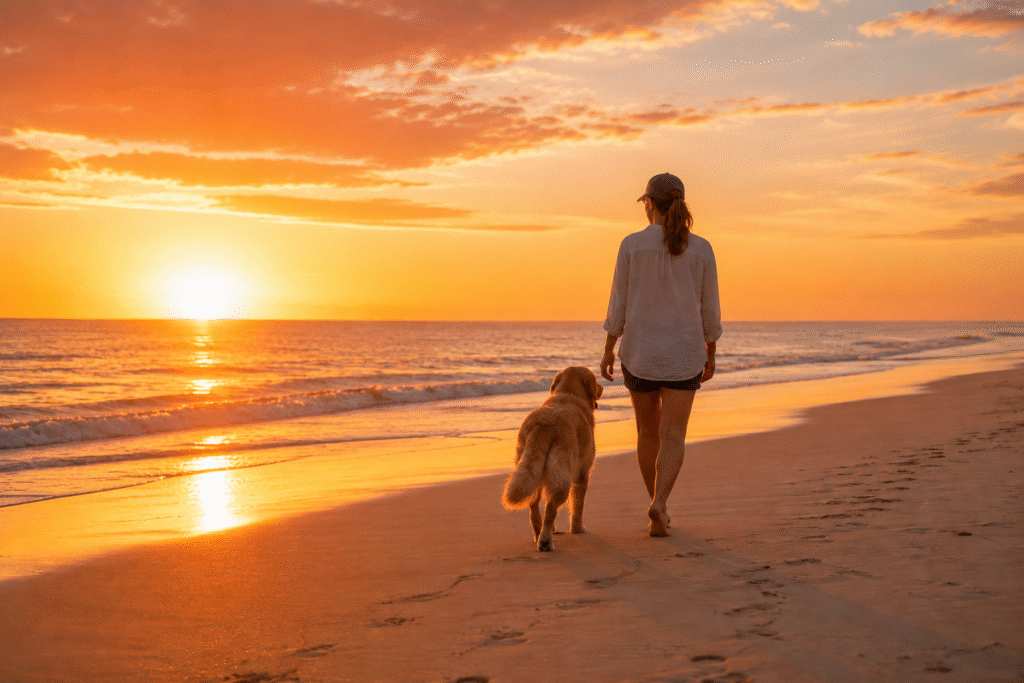 Dog owner walking with their dog along a Kalbarri beach at sunset, enjoying the pet-friendly coastal lifestyle and outdoor camping experience.