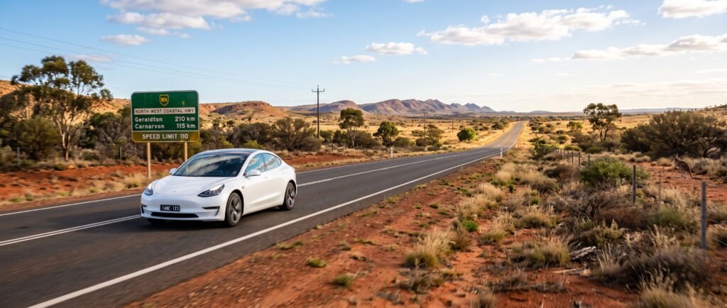 White Tesla road tripping along the route for EV charging Kalbarri